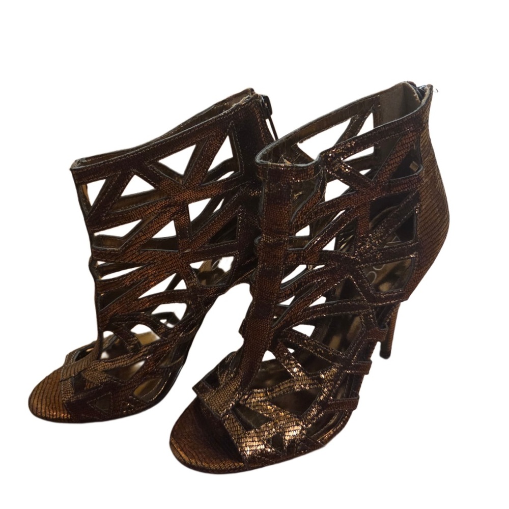 Aldo Metallic Brown Bronze Caged Cutout Heeled Booties!